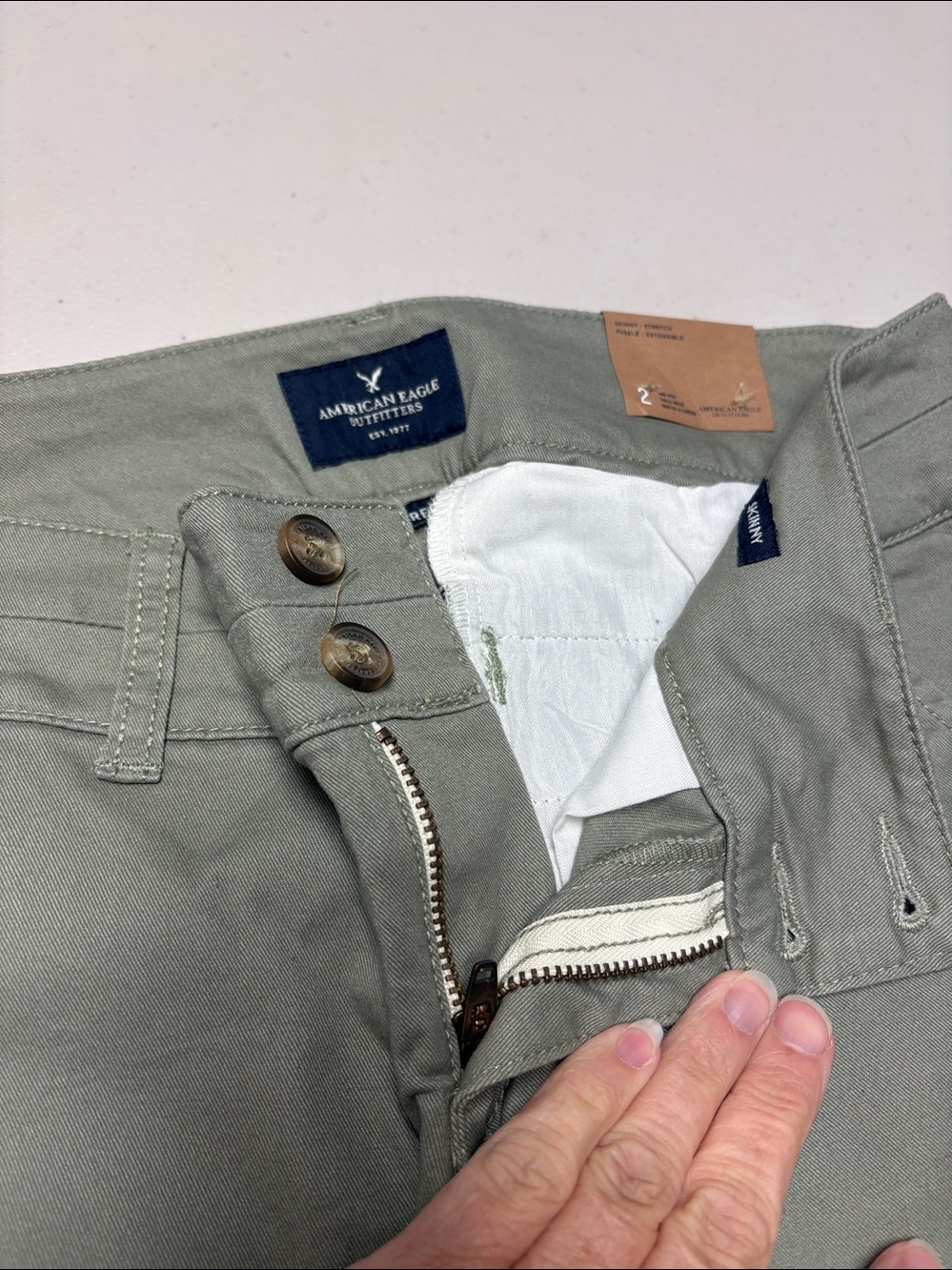 Skinny Stretch Chino Green Pants Sz 2 - Picture 3 of 9